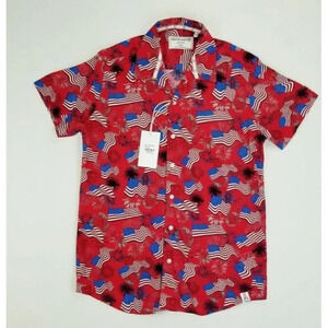 Free Planet Small Stars and Stripes Red American Flag Fireworks Mens Rayon Shirt